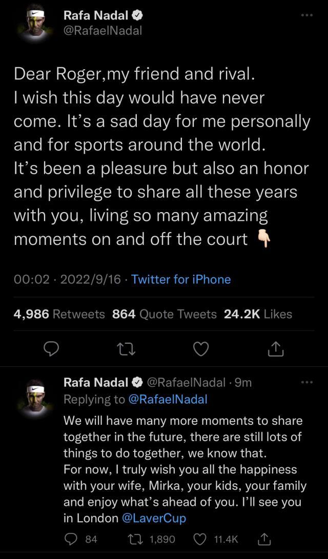 网坛群星致敬费德勒 纳达尔：费纳的故事未完待续